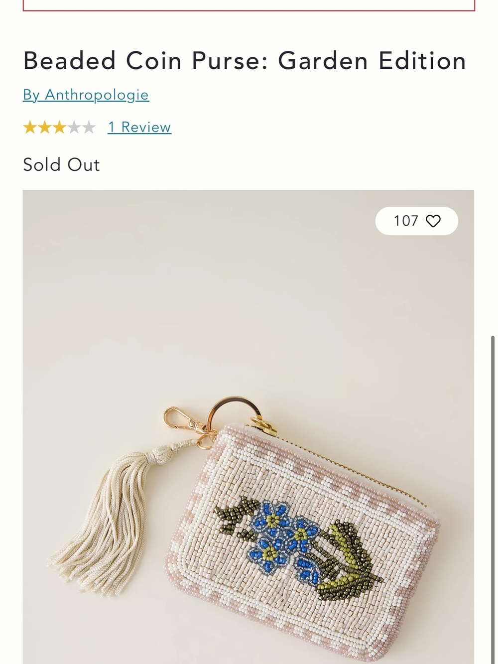Anthropologie Beaded Coin Purse in Cream with Blue Floral Motif